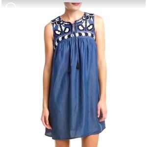 CeCe Blue Sleeveless Sundress with Embroidered Crew Neck